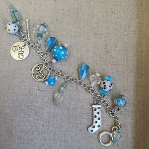 Blue Glass Beaded Snow Theme Charm Bracelet